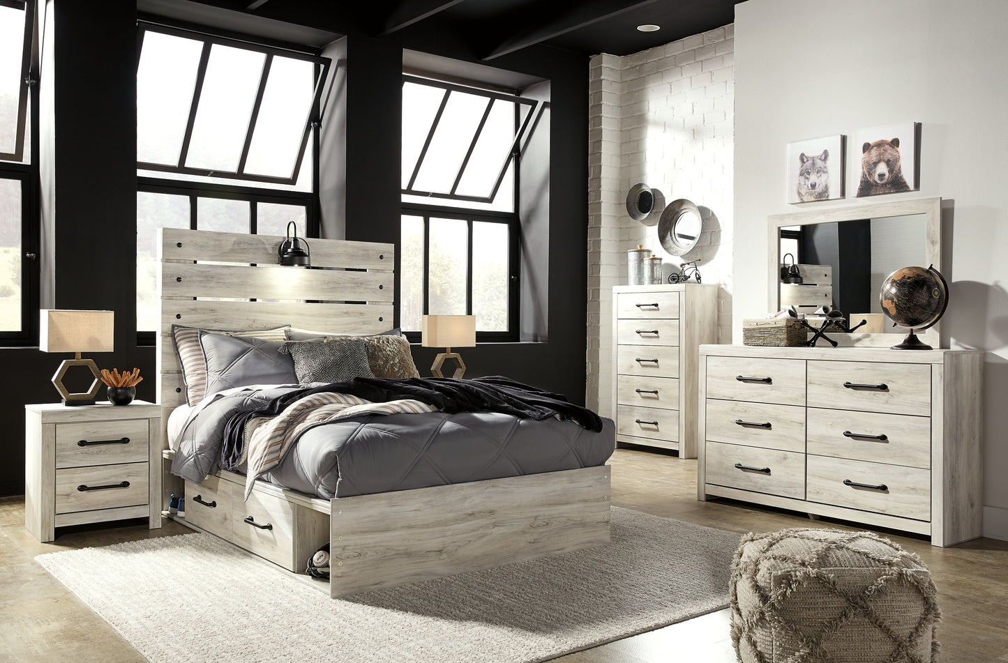 Cambeck  Panel Bed With 2 Storage Drawers With Mirrored Dresser, Chest And Nightstand