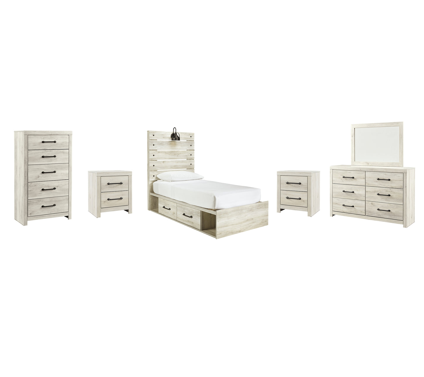 Cambeck  Panel Bed With 2 Storage Drawers With Mirrored Dresser, Chest And 2 Nightstands