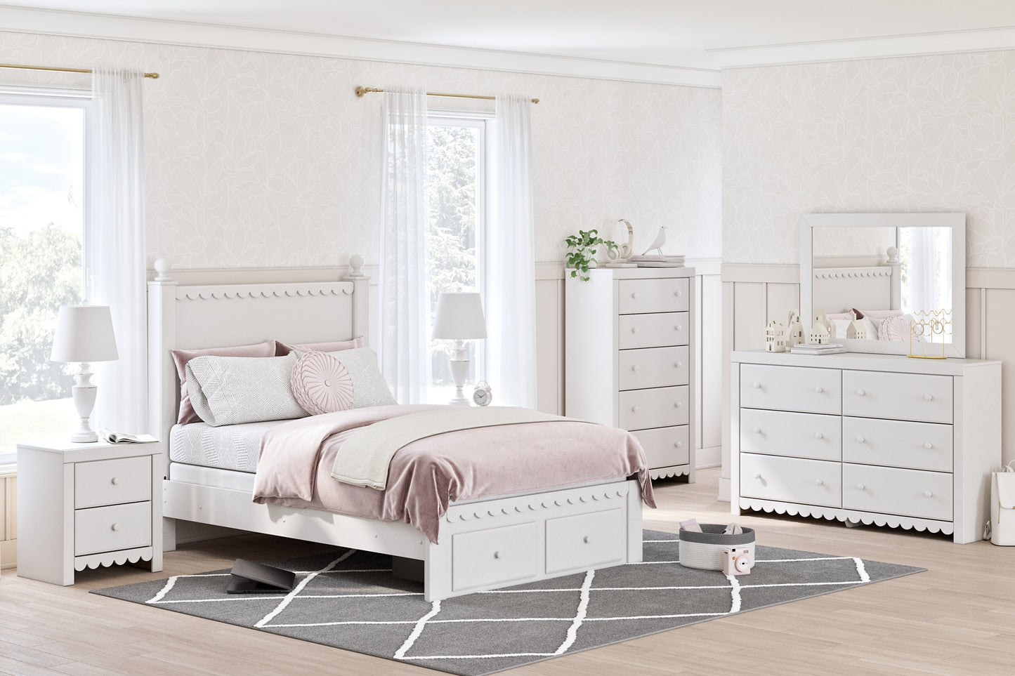 Mollviney Full Panel Storage Bed with Mirrored Dresser and Chest