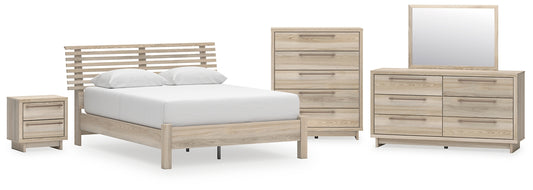 Hasbrick Queen Panel Bed with Mirrored Dresser, Chest and Nightstand