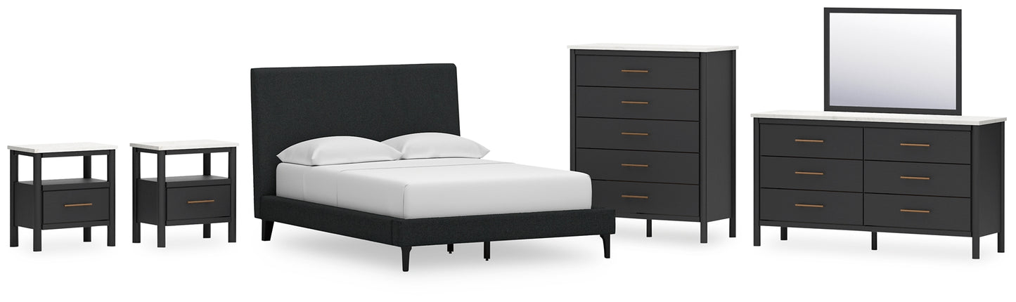 Cadmori Full Upholstered Bed with Mirrored Dresser, Chest and 2 Nightstands