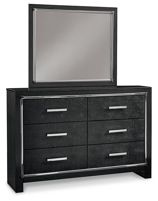 Kaydell Queen/Full Upholstered Panel Headboard with Mirrored Dresser and 2 Nightstands