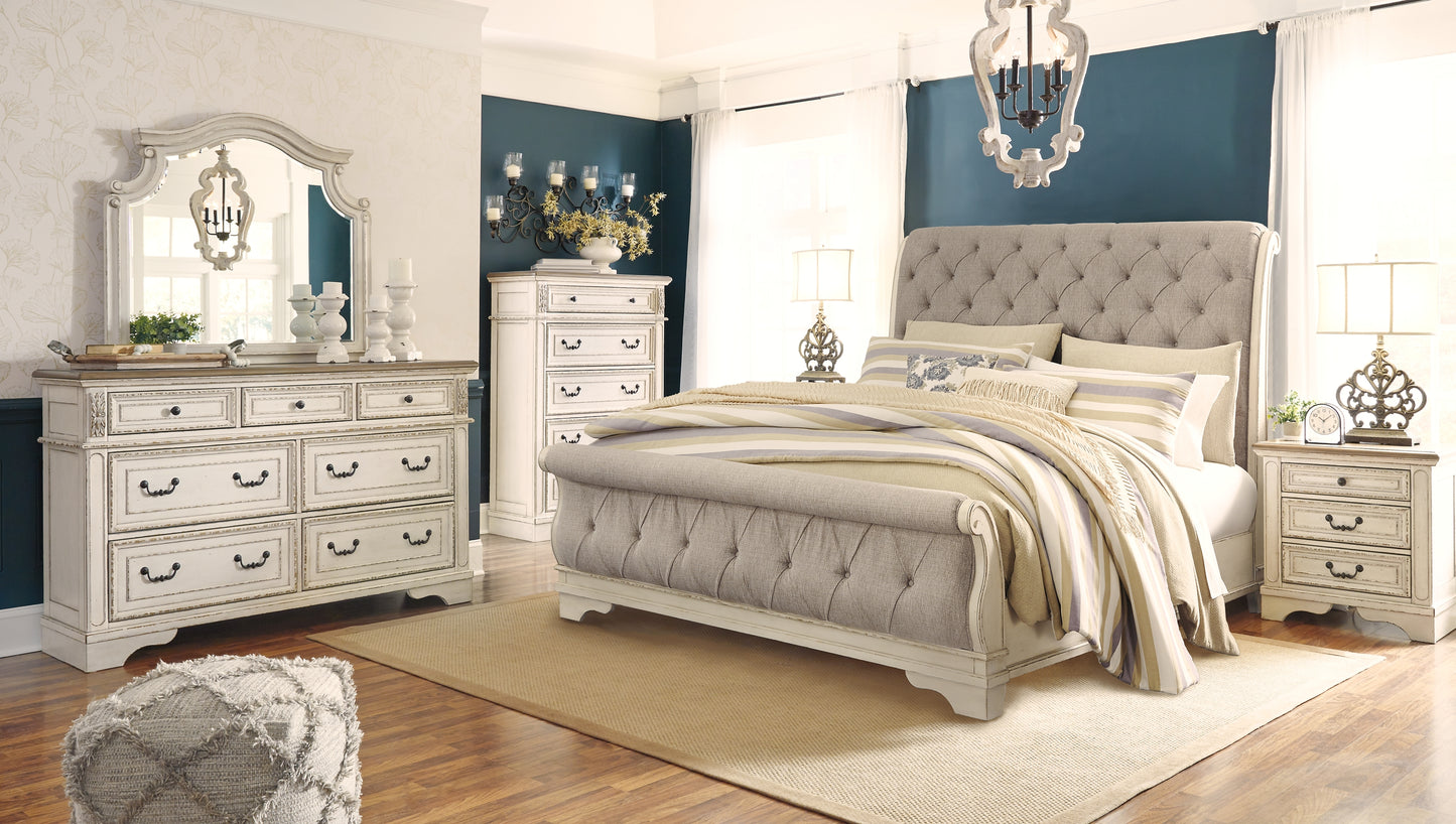 Realyn King Sleigh Bed with Mirrored Dresser, Chest and Nightstand