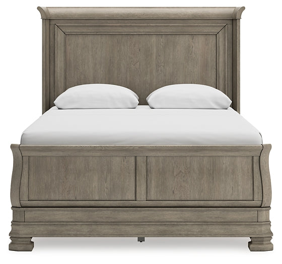 Lexorne Queen Sleigh Bed with Mirrored Dresser, Chest and Nightstand